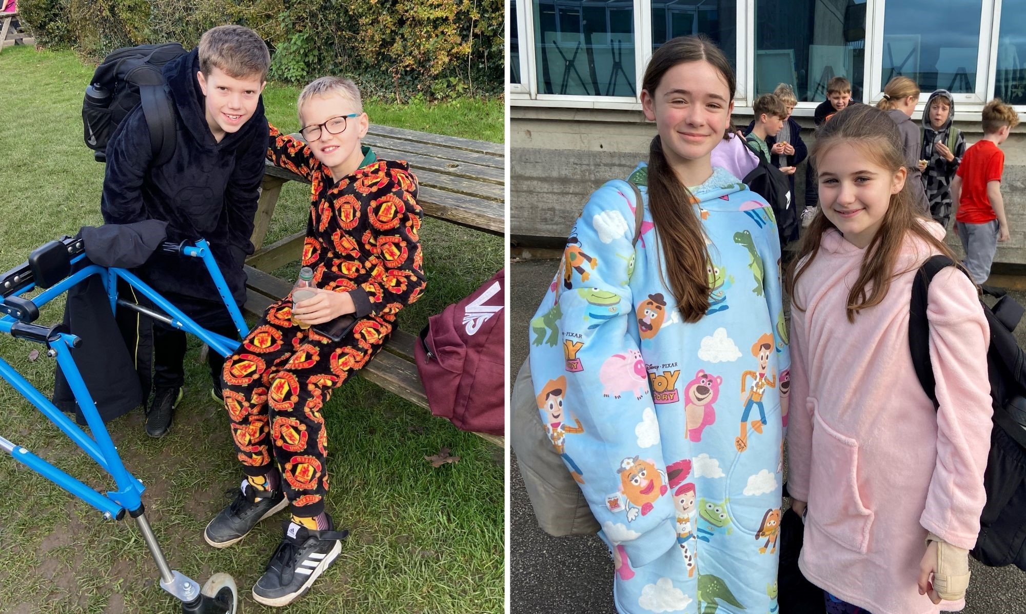 Keeping cosy for Children In Need, Danny Robinson and Jac Porter (left), and Eleanor Marshall and Isabelle Young (right).