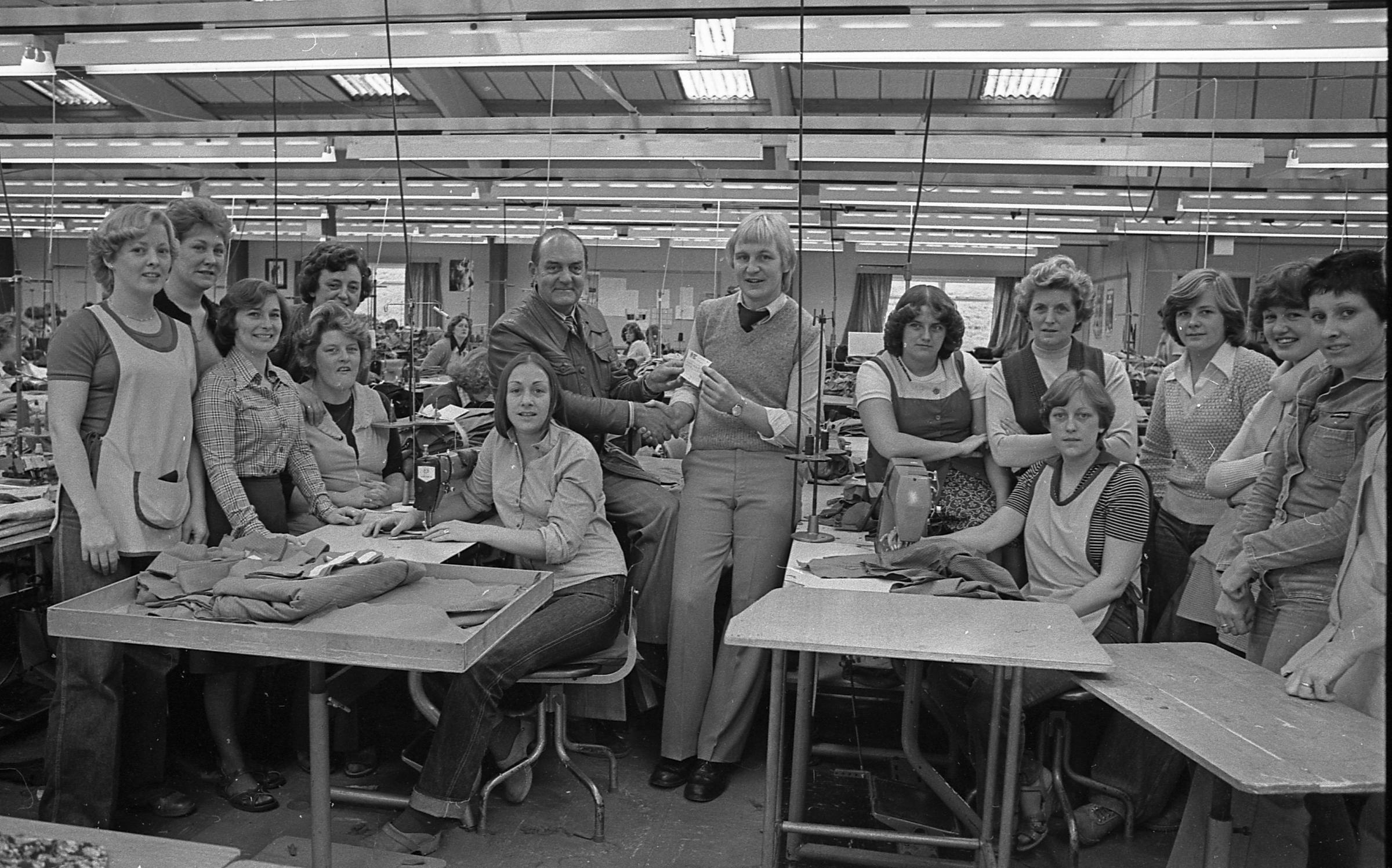 Laura Ashley (Leeswood) factory staff at a cheque presentation, November 1979.